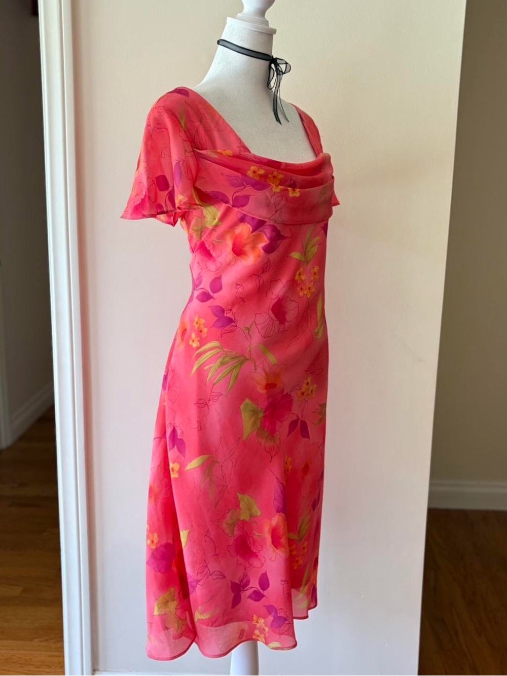 Vintage pink floral midi dress coquette fairy chiffon overlay 90s Y2K summer M - Picture 7 of 11